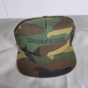 VTG 90s Camo Nylon Adjustable Snapback Hat Bridgestone‎ Spellout Swingster
